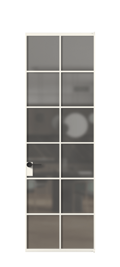 Алюминиевая дверь АЛПЛ040.05 Алюминий пудровый белый Сатинированное серое стекло, триплекс Цена 128530  | Volhovec