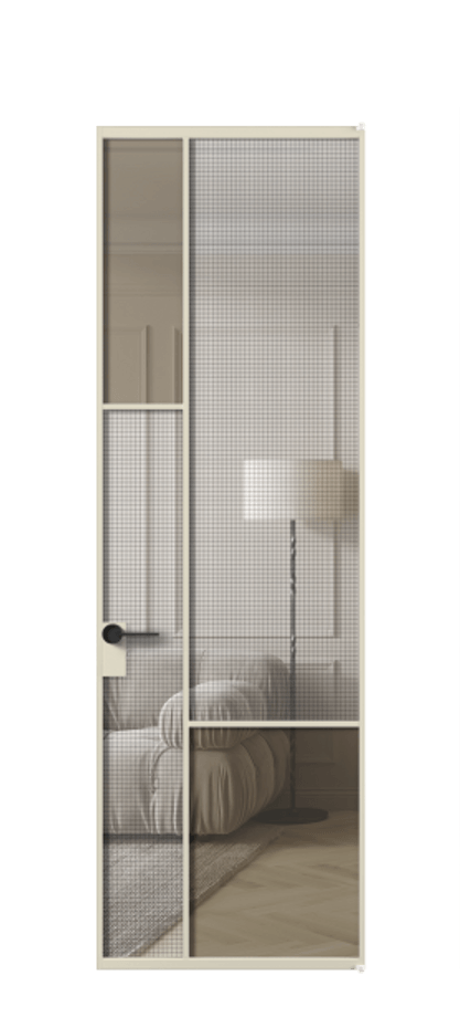 Межкомнатная дверь Mosaic АЛПЛ041.13 Алюминий бежево-серый Декоративное стекло с сеткой "Mesh silver", триплекс, 6 мм + Прозрачное бронзовое стекло, триплекс Цена 33716270 so'm | Volhovec