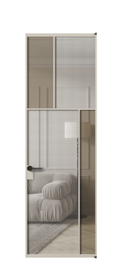 Межкомнатная дверь Mosaic АЛПЛ041.23 Алюминий светло-бежевый Декоративное стекло с сеткой "Mesh silver", триплекс, 6 мм + Прозрачное бронзовое стекло, триплекс Цена 166090 ₽ | Volhovec
