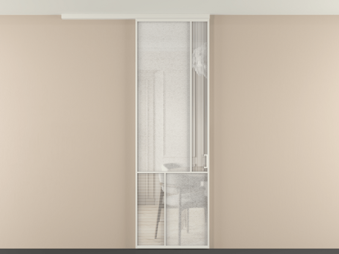 Перегородка Mosaic вдоль стены на потолок 1 створка АЛПР 041.21 Алюминий Белый Рифлёное стекло "Дюна", триплекс, 6 мм + Фактурное стекло "Лёд", триплекс Цена 137560 ₽ | Volhovec