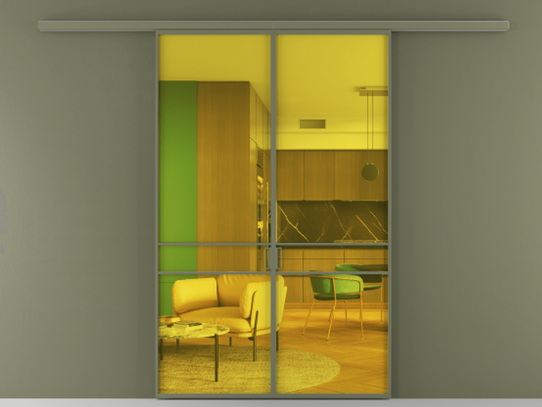 Перегородка Formato вдоль стены двустворчатая АЛПР 040.02 Алюминий оливковый тёмный Прозрачное жёлтое стекло, триплекс Цена 213110 ₽ | Volhovec