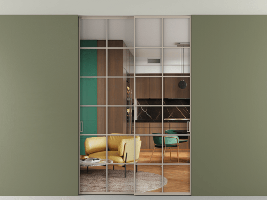 Перегородка Formato внутри проёма скрытое крепление в потолок 2 створки АЛПР 040.05 Алюминий бисквитный Прозрачное стекло "Crystal Vision", калёное Цена 322680 ₽ | Volhovec