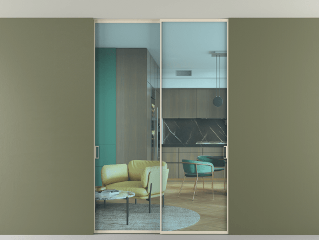 Межкомнатная дверь New Перегородка Formato внутри проёма двустворчатая со скрытым креплением в потолок АЛПР 040.01 Алюминий бежево-серый Прозрачное голубое стекло, триплекс Цена 259320  | Volhovec