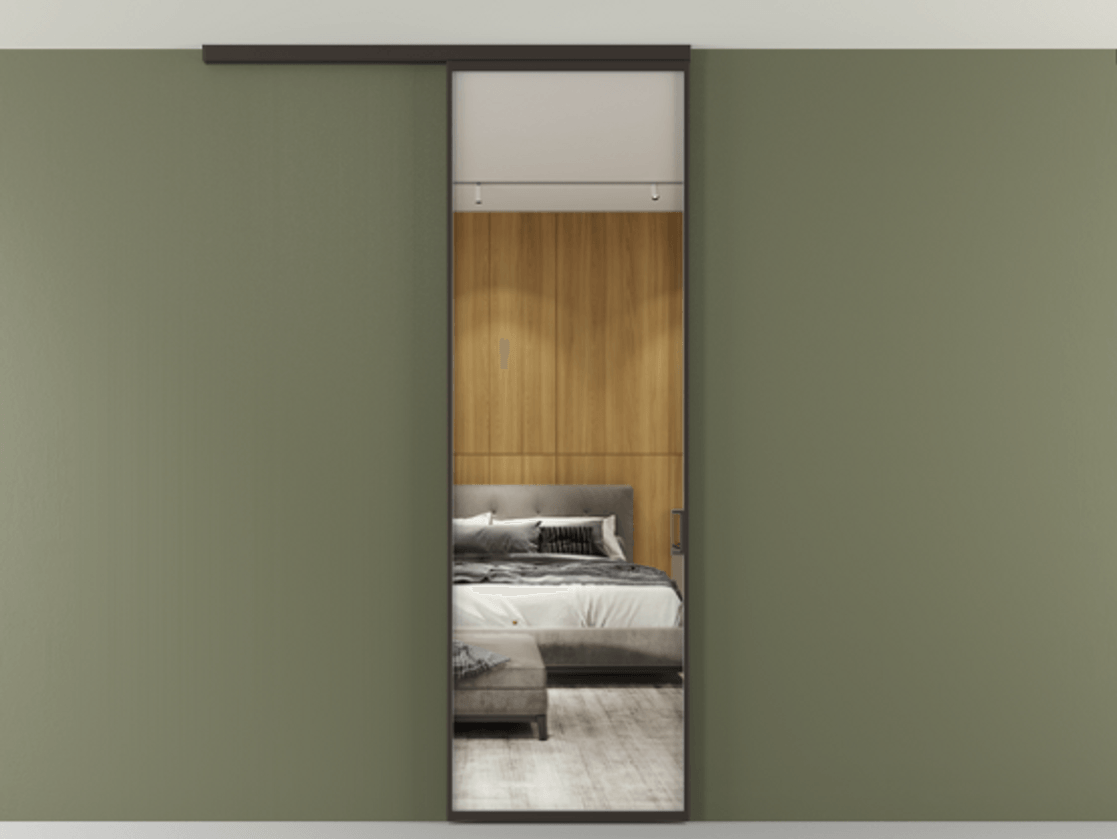 Перегородка Formato вдоль стены на потолок 1 створка АЛПР 040.01 Алюминий антрацит Двустороннее зеркало, триплекс , триплекс 6 мм Цена 111570 ₽ | Volhovec