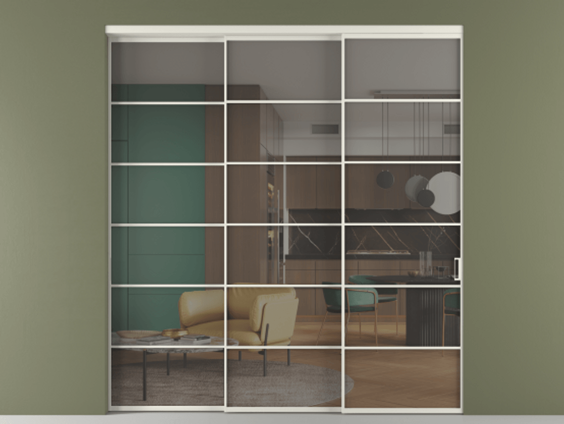 Перегородка Формато внутри проёма 3 створки с синхронным механизмом АЛПР 040.04 Алюминий Белый Прозрачное серое стекло, триплекс Цена 393700 ₽  | Volhovec