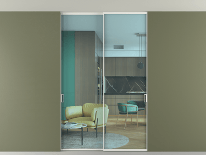 Алюминевая перегородка vn2_01 Алюминий светло-серый Прозрачное голубое стекло, триплекс, 6мм. Цвет Алюминий светло-серый. Материал Алюминий в эмали. Коллекция Перегородка Formato внутри проёма двустворчатая со скрытым креплением в потолок. Картинка.