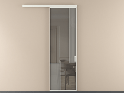 Алюминевая перегородка vd1_1 Алюминий светло-серый Серый сатин матовое + Серый прозрачное. Цвет Алюминий светло-серый. Материал Алюминий в эмали. Коллекция Перегородка Mosaic вдоль стены одностворчатая. Картинка.