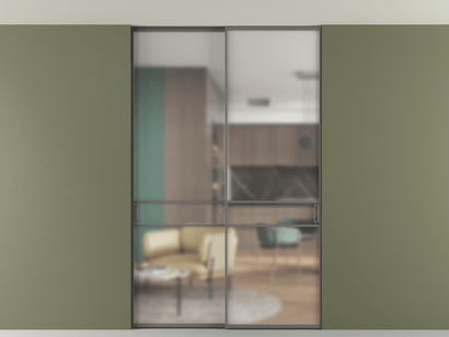 Алюминевая перегородка АЛПР 040.02_АКЛС_Matelux Crystalvision_new. Цвет Алюминий классический серый. Материал Алюминий в эмали. Коллекция Перегородка Formato внутри проёма двустворчатая со скрытым креплением в потолок. Картинка.