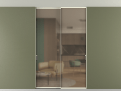 Алюминевая перегородка АЛПР 040.01_АМБ_Бронза сатин триплекс_new. Цвет Алюминий молочно-белый. Материал Алюминий в эмали. Коллекция Перегородка Formato внутри проёма двустворчатая со скрытым креплением в потолок. Картинка.