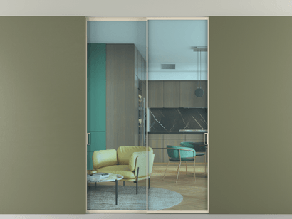 Алюминевая перегородка vn2_01 Алюминий бежево-серый Прозрачное голубое стекло, триплекс, 6мм. Цвет Алюминий бежево-серый. Материал Алюминий в эмали. Коллекция Перегородка Formato внутри проёма двустворчатая со скрытым креплением в потолок. Картинка.