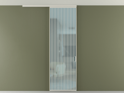 Алюминевая перегородка vd1_06 Алюминий тёплый серый Сатинированное голубое стекло, триплекс, 6мм. Цвет Алюминий тёплый серый. Материал Алюминий в эмали. Коллекция Перегородка Formato вдоль стены на потолок одностворчатая. Картинка.