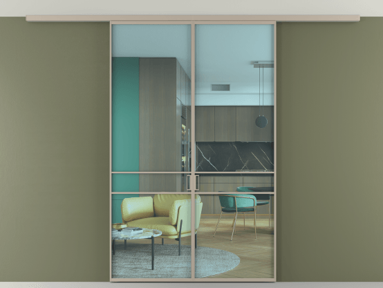 Алюминевая перегородка АЛПР 040.02_АБСК_ПРОЗ ГОЛ_new. Цвет Алюминий бисквитный. Материал Алюминий в эмали. Коллекция Перегородка Formato вдоль стены на потолок 2 створки. Картинка.