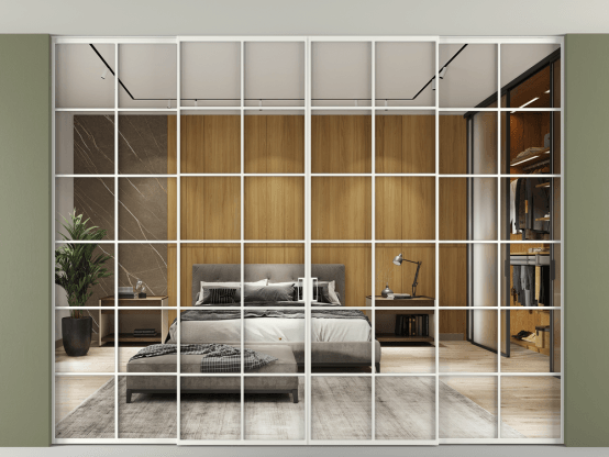 Алюминевая перегородка vn2+2_05 Алюминий светло-серый Двустороннее зеркало. Цвет Алюминий светло-серый. Материал Алюминий в эмали. Коллекция Перегородка Формато внутри проёма скрытое крепление в потолок 4 створки. Картинка.