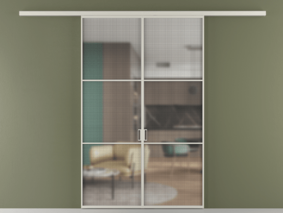 Алюминевая перегородка vd2_03_ Алюминий тёплый серый Mesh silver. Цвет Алюминий тёплый серый. Материал Алюминий в эмали. Коллекция Перегородка Formato вдоль стены 2 створки. Картинка.