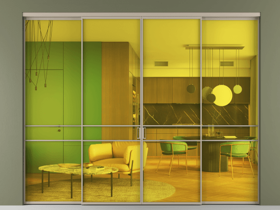 Алюминевая перегородка АЛПР 040.02_АБСК_ПРОЗ ЖЕЛ_new. Цвет Алюминий бисквитный. Материал Алюминий в эмали. Коллекция Перегородка Formato внутри проёма 4 створки. Картинка.