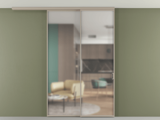 Алюминевая перегородка АЛПР 040.01_АБСК_Matelux Crystalvision_new. Цвет Алюминий бисквитный. Материал Алюминий в эмали. Коллекция Перегородка Formato вдоль стены на потолок 2 створки с синхронным механизмом. Картинка.