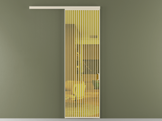 Алюминевая перегородка vd1_06_ Алюминий бежево-серый Прозрачное жёлтое стекло, триплекс, 6мм. Цвет Алюминий бежево-серый. Материал Алюминий в эмали. Коллекция Перегородка Формато вдоль стены 1 створка. Картинка.