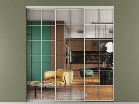 Алюминевая перегородка АЛПР 040.05_АСБЖ_Crystalvision_new. Цвет Алюминий светло-бежевый. Материал Алюминий в эмали. Коллекция Перегородка Формато внутри проёма 3 створки с синхронным механизмом. Картинка.