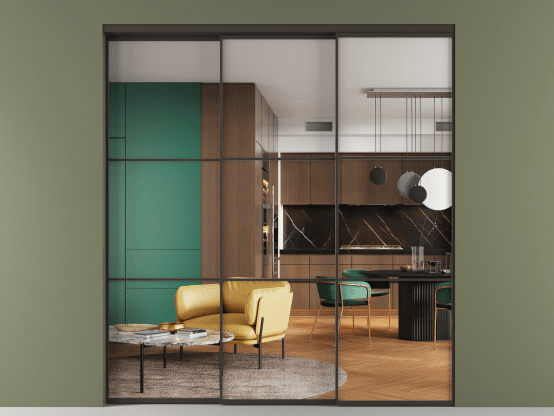 Алюминевая перегородка АЛПР 040.03_ААН_Crystalvision_new. Цвет Алюминий антрацит. Материал Алюминий в эмали. Коллекция Перегородка Formato внутри проёма 3 створки с синхронным механизмом. Картинка.