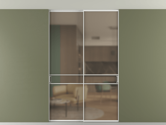 Алюминевая перегородка АЛПР 040.02_АБЛ_Бронза сатин триплекс_new. Цвет Алюминий белоснежный. Материал Алюминий в эмали. Коллекция Перегородка Формато внутри проёма скрытое крепление в потолок 2 створки. Картинка.