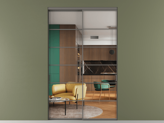 Алюминевая перегородка АЛПР 040.04_АКЛС_Crystalvision_new. Цвет Алюминий классический серый. Материал Алюминий в эмали. Коллекция Перегородка Formato внутри проёма 2 створки. Картинка.