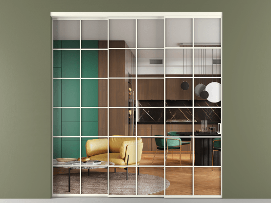 Алюминевая перегородка АЛПР 040.05_АЖМ_Crystalvision_new. Цвет Алюминий жемчужный. Материал Алюминий в эмали. Коллекция Перегородка Формато внутри проёма 3 створки с синхронным механизмом. Картинка.