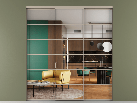 Алюминевая перегородка АЛПР 040.04_АБСК_Crystalvision_new. Цвет Алюминий бисквитный. Материал Алюминий в эмали. Коллекция Перегородка Формато внутри проёма 3 створки. Картинка.