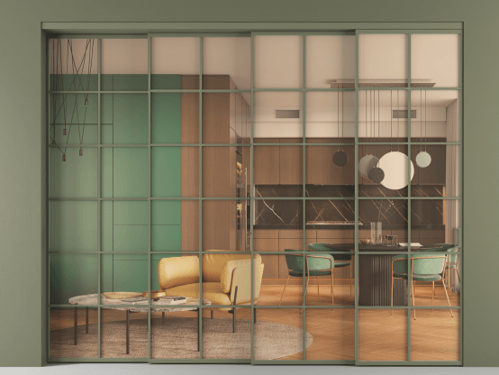 Алюминевая перегородка АЛПР 040.05_АОТ_ПРОЗ ОРАНЖ_new. Цвет Алюминий оливковый тёмный. Материал Алюминий в эмали. Коллекция Перегородка Formato внутри проёма 4 створки с синхронным механизмом. Картинка.