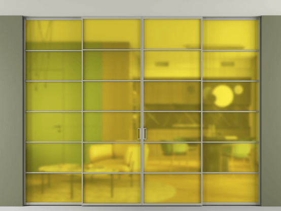 Алюминевая перегородка АЛПР 040.04_АНСР_САТ ЖЕЛ_new. Цвет Алюминий нейтральный серый. Материал Алюминий в эмали. Коллекция Перегородка Formato внутри проёма скрытое крепление в потолок 4 створки. Картинка.