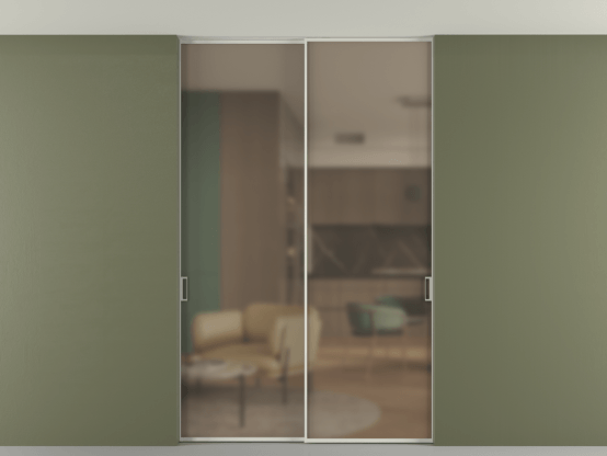 Алюминевая перегородка p2_01 Бронза сатин триплекс БЕЛ. Цвет Алюминий Белый. Материал Алюминий. Коллекция Перегородка Formato внутри проёма скрытое крепление в потолок 2 створки. Картинка.