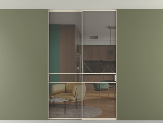 Алюминевая перегородка vn2_02 Алюминий бежево-серый Серый прозрачное. Цвет Алюминий бежево-серый. Материал Алюминий в эмали. Коллекция Перегородка Формато внутри проёма скрытое крепление в потолок 2 створки. Картинка.