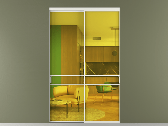 Алюминевая перегородка vn2_02_ Алюминий светло-серый Прозрачное жёлтое стекло, триплекс, 6мм. Цвет Алюминий светло-серый. Материал Алюминий в эмали. Коллекция Перегородка Формато внутри проёма 2 створки. Картинка.